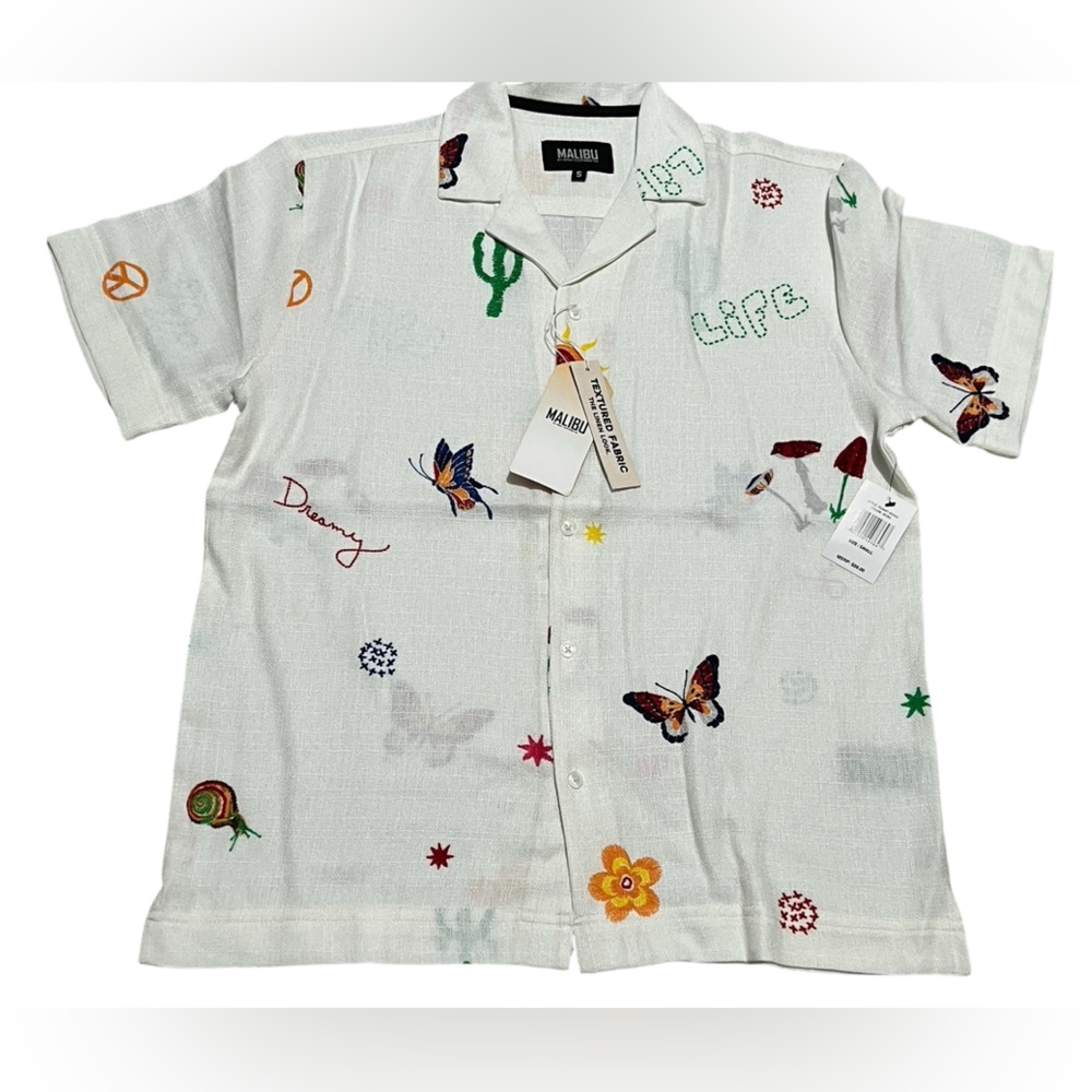 Malibu Drill Clothing men’s dreamy butterfly Button Down Shirt white‎ S, M, L,